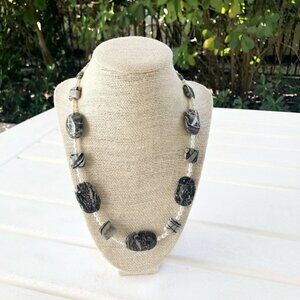 NWT Genuine Jasper & Pearls Beaded Necklace Black Gray White